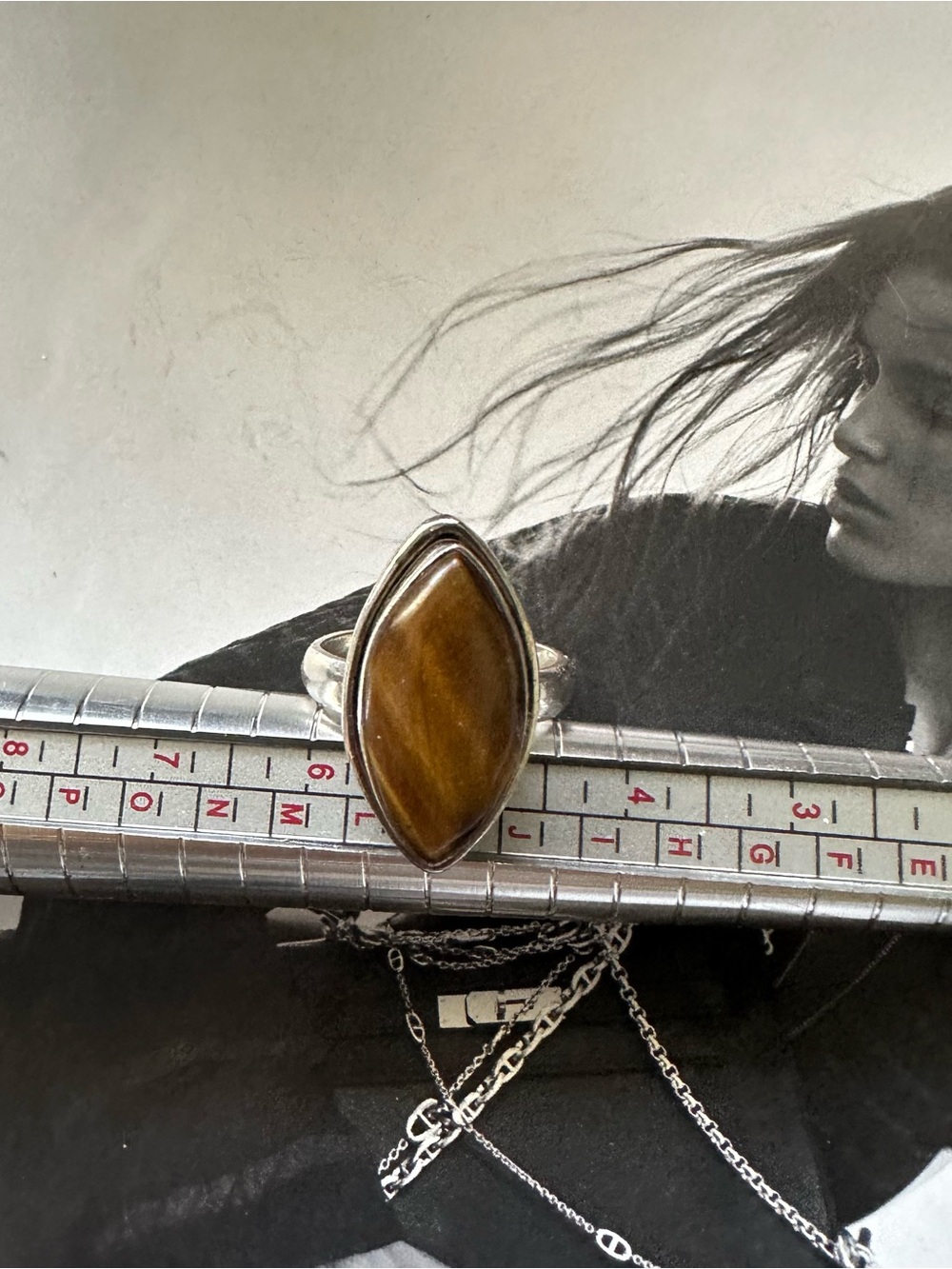 Vintage Sterling Silver Ring with Marquise Tiger's Eye Stone Size 8